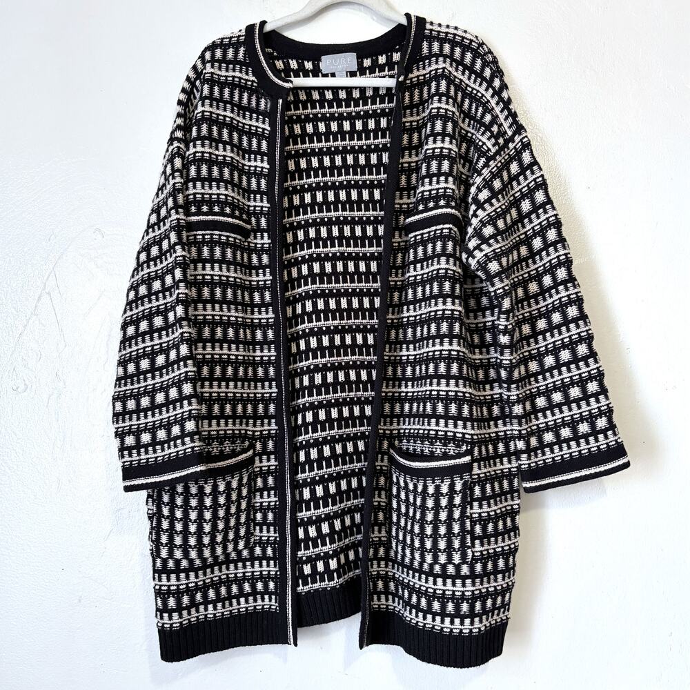 Pure Collection Black White Wool Cotton Long Open Cardigan Coatigan Size 14/16